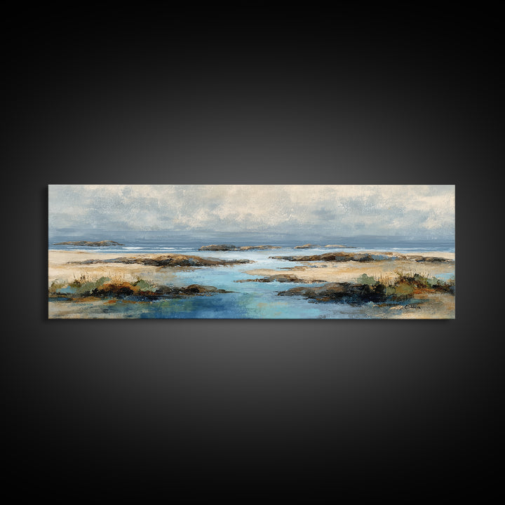 Calm Beach Tide Pooling Around Rocks Canvas Print, Nature Art, Living Room Wall Art, Living Room Decor, Fine Art, Nature, NAT-3x1-16