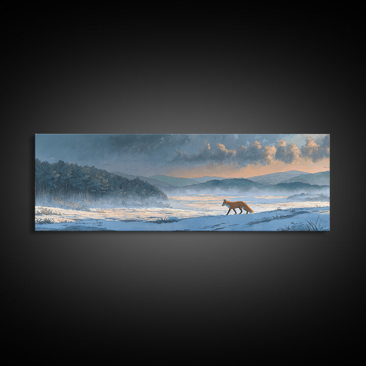 Fox Crossing a Snowy Forest Clearing Framed Canvas Print, Nature Art, Painting, Living Room Decor, Nature, Modern Wall Art, NAT-3x1-2
