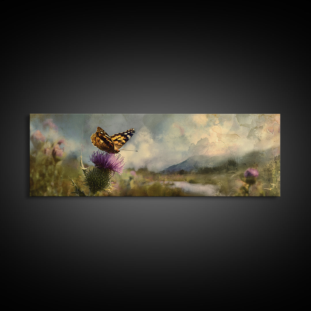 Butterfly Resting on a Blooming Thistle Canvas Print, Nature Art, Ocean Art, Living Room Decor, Fine Art, Nature, Art Print, NAT-3x1-20
