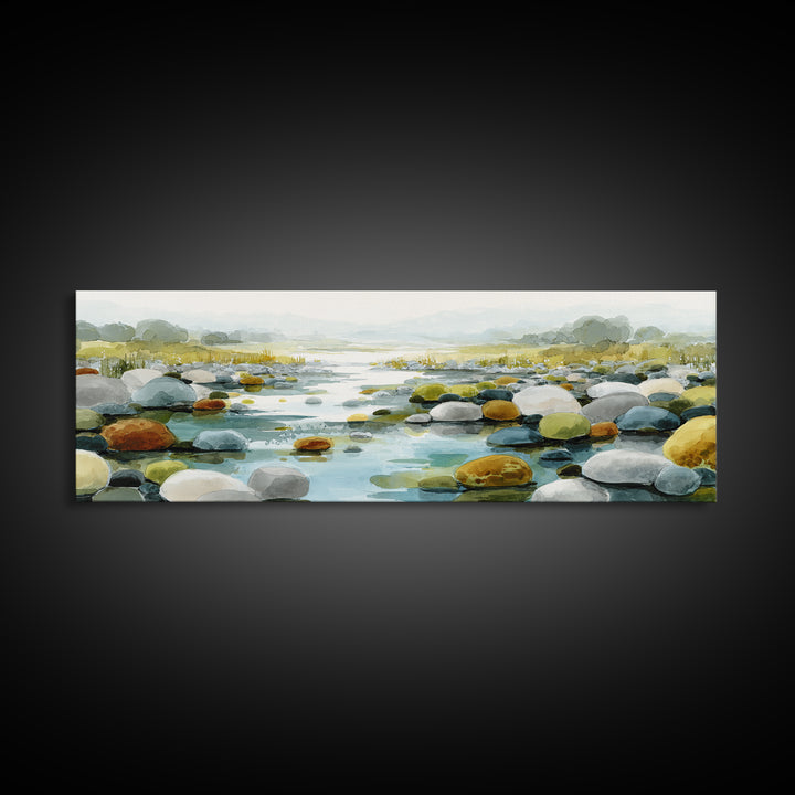 River Stones under Clear Shallow Water Canvas Print, Nature Art, Abstract Wall Art, Living Room Decor, Oil Painting, Nature, NAT-3x1-29