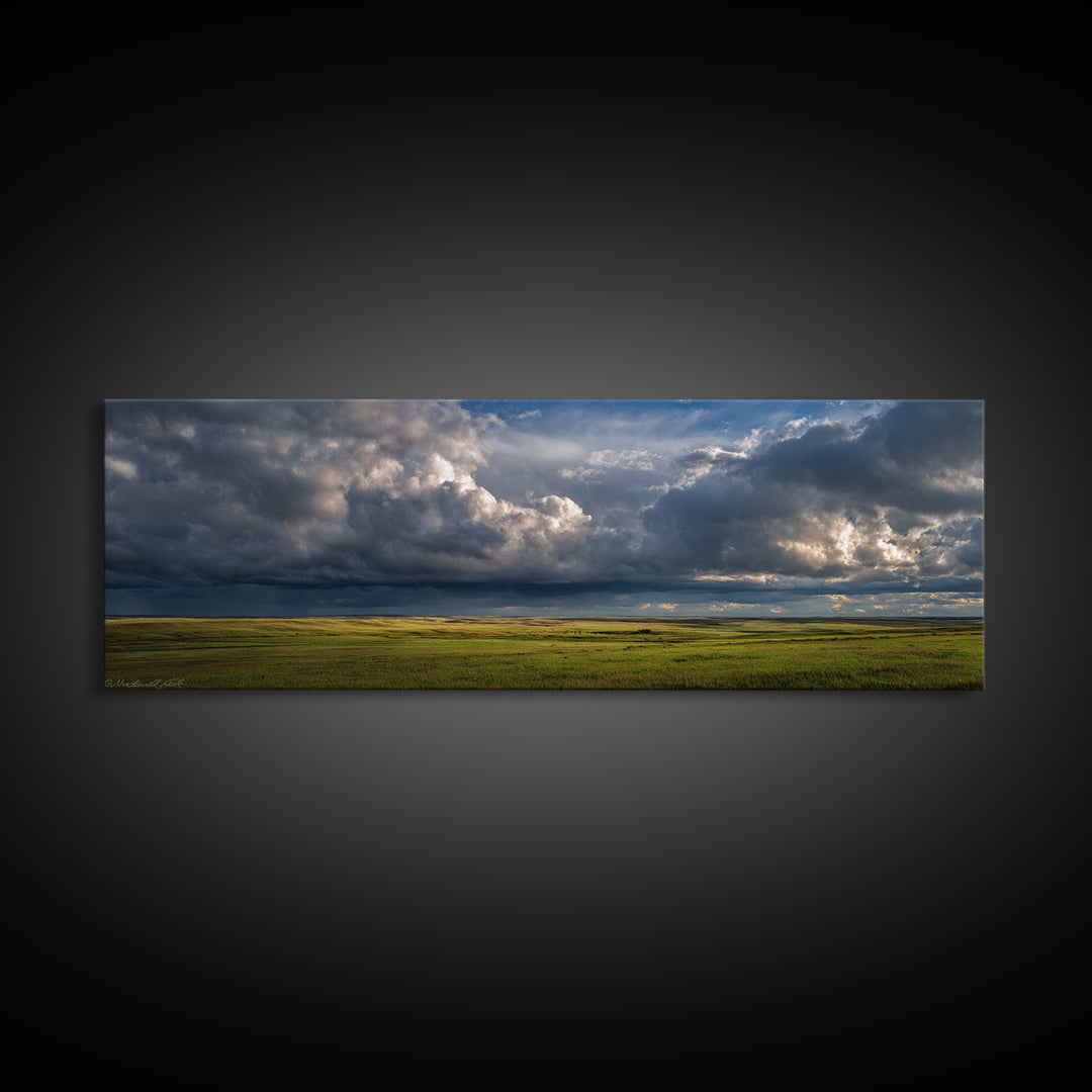 Storm Clouds over a Rolling Prairie Canvas Print, Nature Art, Wall Art, Living Room Decor, Fine Art, Nature, Wood Wall Art, NAT-3x1-30