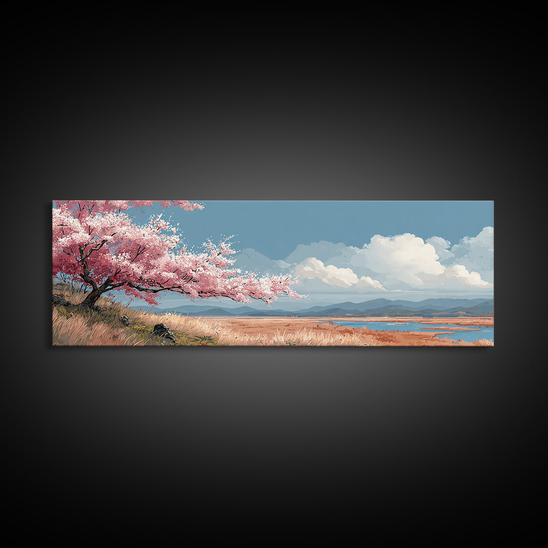 Spring Cherry Blossoms Framed Canvas Print, Nature Art, Landscape Print, Living Room Decor, Watercolor Art, Nature, NAT-3x1-32