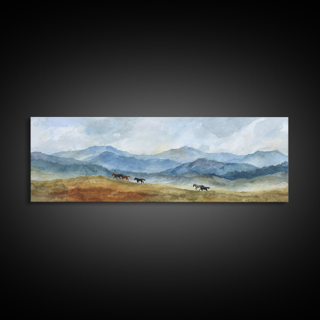 Wild Horses Running Near Mountain Ridge Canvas Print, Nature Art, Wall Hangings, Living Room Decor, Oil Painting, Nature, NAT-3x1-38