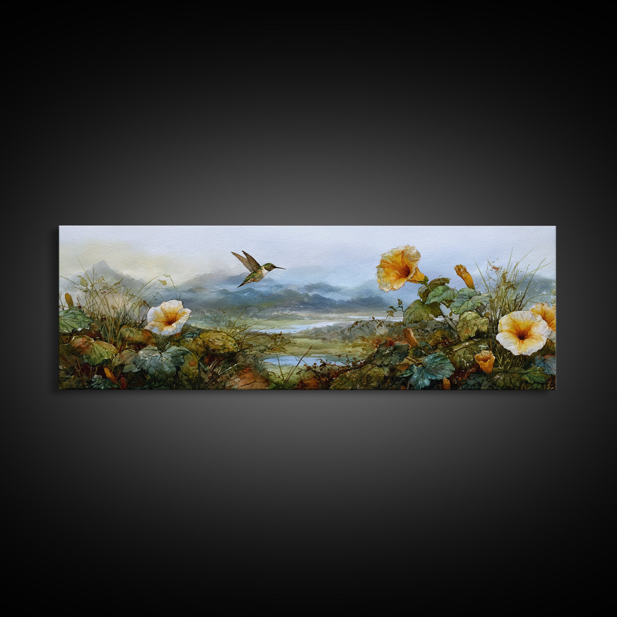 Hummingbird Beside Bright Trumpet Flowers Canvas Print, Nature Art, Moss Art, Living Room Decor, Watercolor Art, Nature, NAT-3x1-4