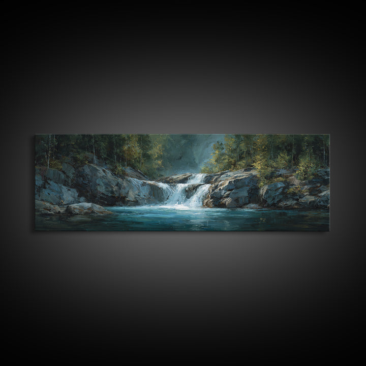 Waterfall Hidden Among Dark Green Rocks Canvas Print, Nature Art, Poster, Living Room Decor, Nature, Abstract Wall Art, NAT-3x1-43