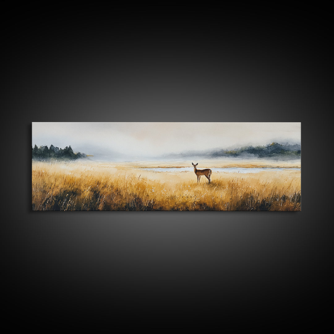 Deer Standing in a Golden Field Canvas Print, Nature Art, Art Print, Living Room Decor, Fine Art, Nature, Printable Wall Art, NAT-3x1-48