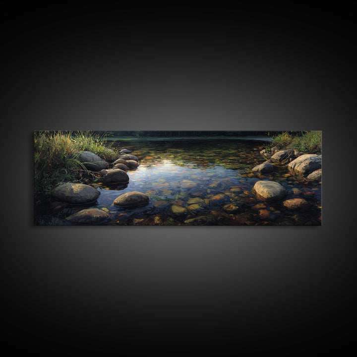 River Stones under Clear Shallow Water Framed Canvas Print, Nature Art, Living Room Decor, Watercolor Art, Nature, NAT-3x1-5
