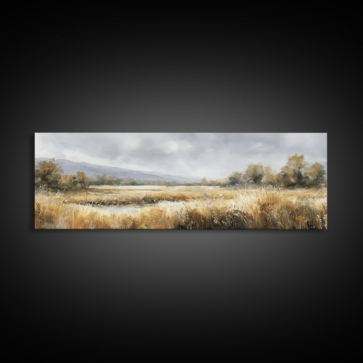 Sunrise Through Tall Grass and Wildflowers Framed Canvas Print, Nature Art, Wall Decor, Living Room Decor, Oil Painting, Nature, NAT-3x1-51
