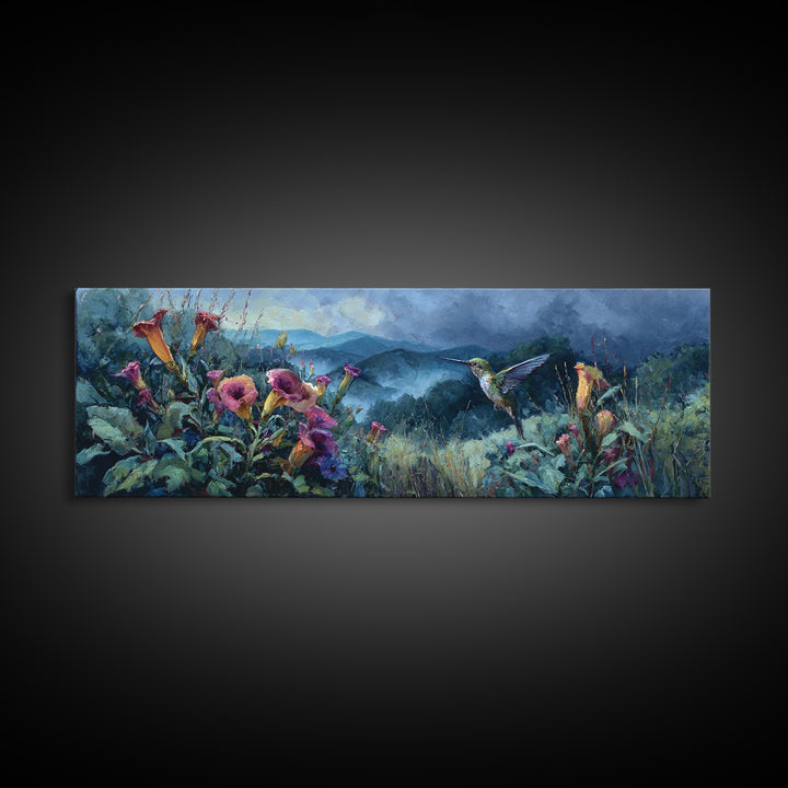 Hummingbird Beside Bright Trumpet Flowers Framed Canvas Print, Nature Art, Room Decor, Living Room Decor, Fine Art, Nature, NAT-3x1-52