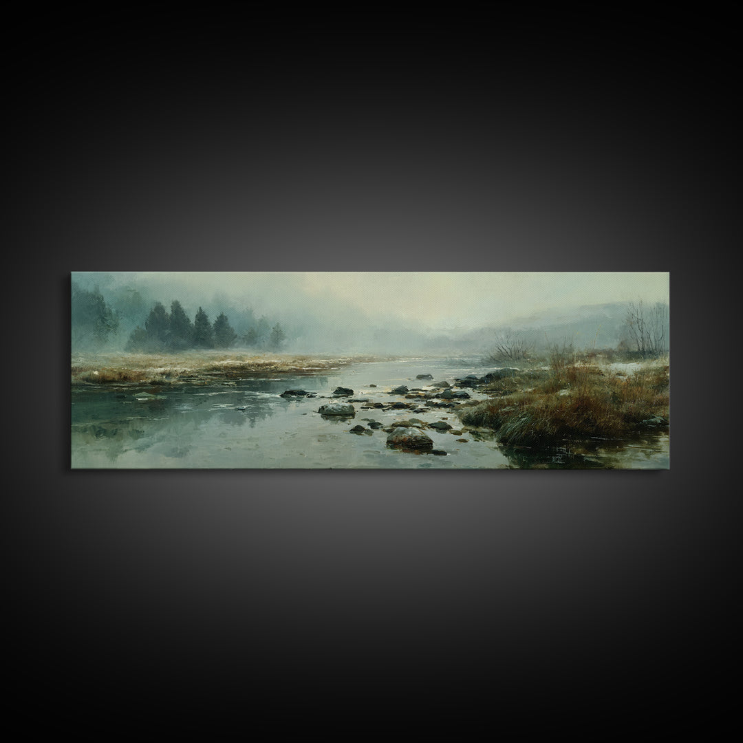 River Stones under Clear Shallow Water Framed Canvas Print, Nature Art, Stained Glass Art, Living Room Decor, Fine Art, Nature, NAT-3x1-53