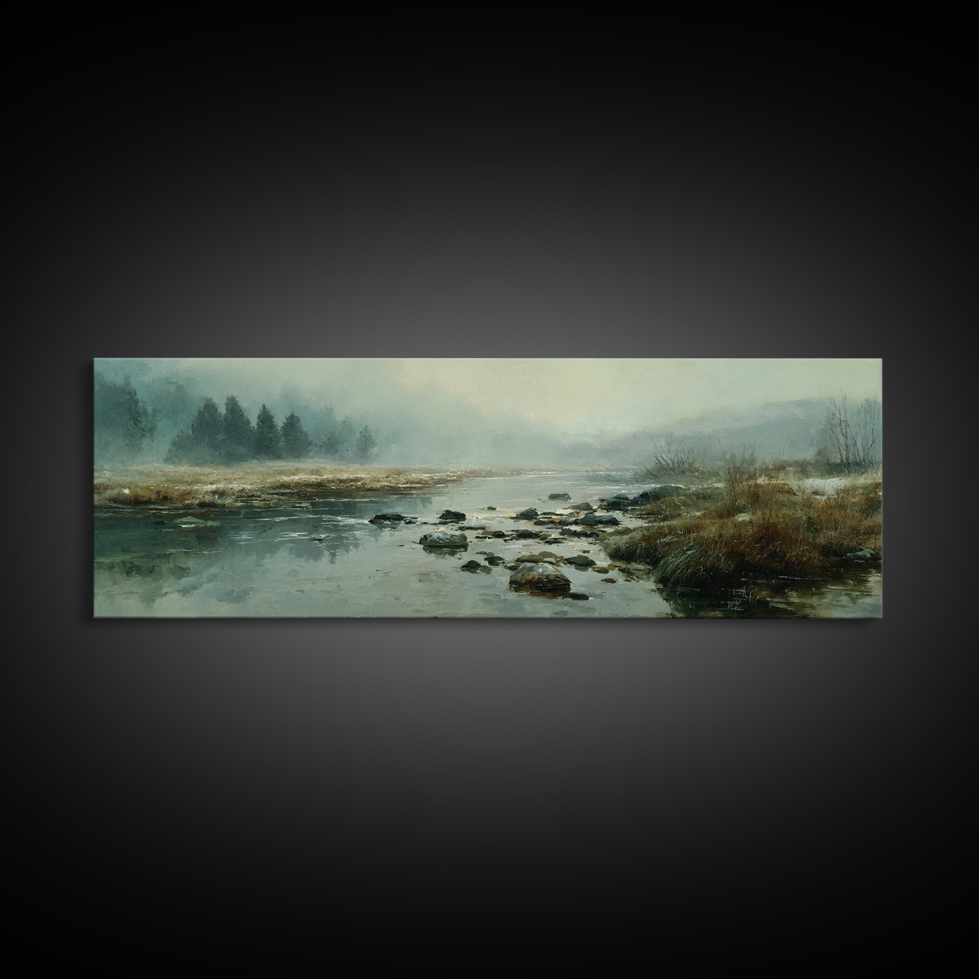 River Stones under Clear Shallow Water Framed Canvas Print, Nature Art, Stained Glass Art, Living Room Decor, Fine Art, Nature, NAT-3x1-53
