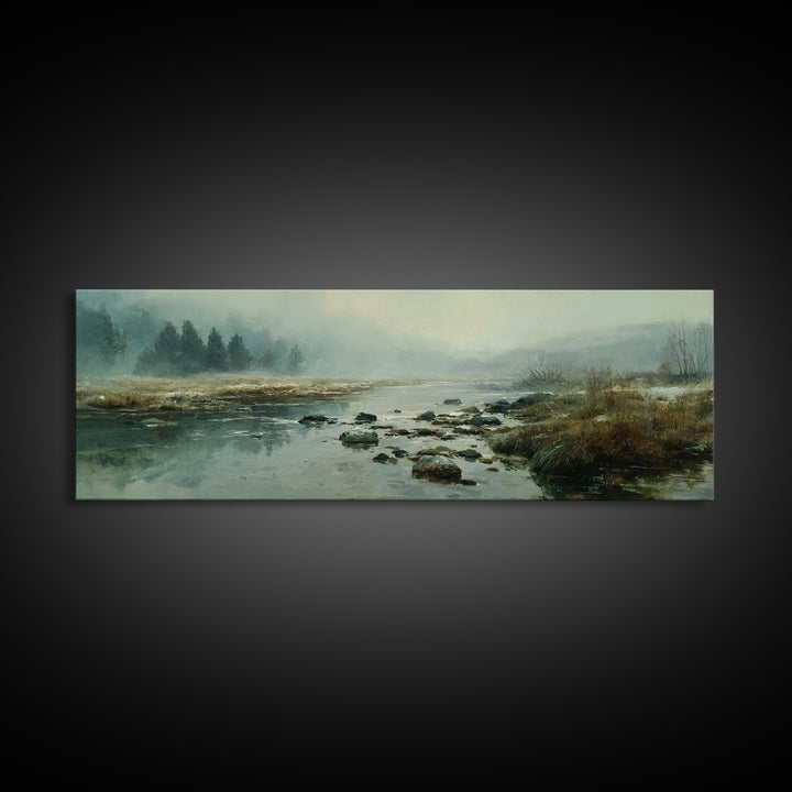 River Stones under Clear Shallow Water Framed Canvas Print, Nature Art, Stained Glass Art, Living Room Decor, Fine Art, Nature, NAT-3x1-53
