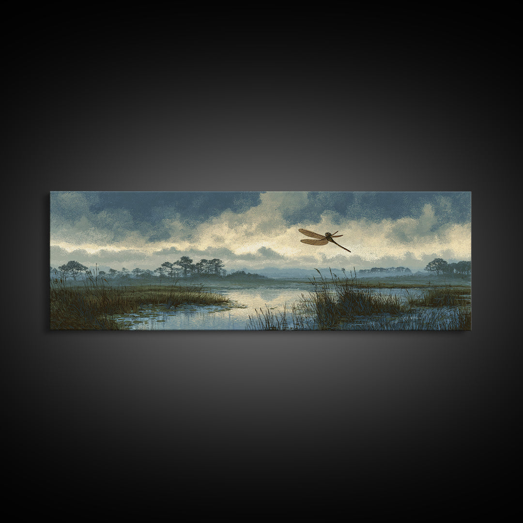 Dragonfly over a Pond with Reeds Framed Canvas Print, Nature Art, Wood Wall Art, Living Room Decor, Fine Art, Nature, NAT-3x1-58