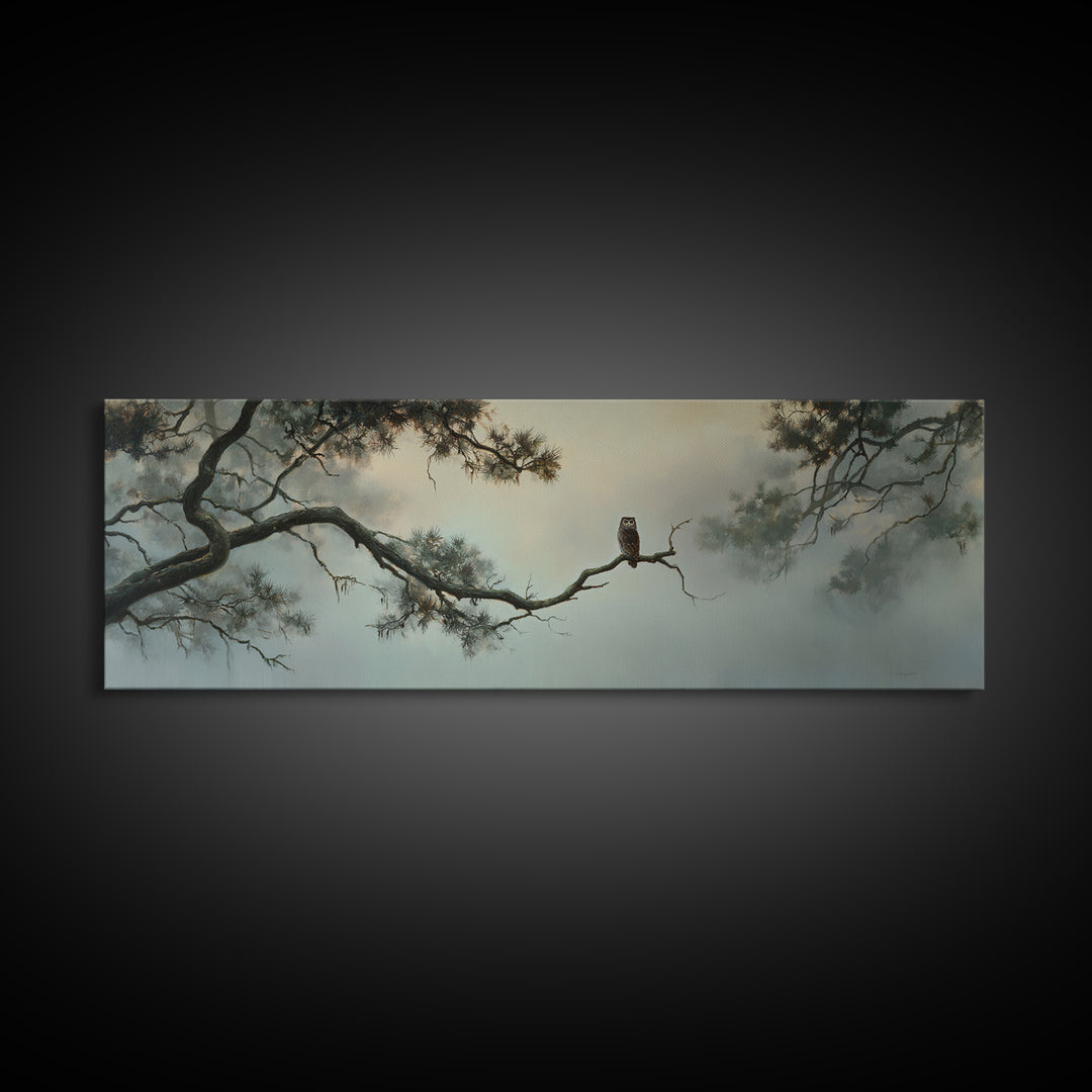 Owl in Moonlit Branches Framed Canvas Print, Nature Art, Wall Art, Living Room Decor, Watercolor Art, Nature, Wood Wall Art, NAT-3x1-59
