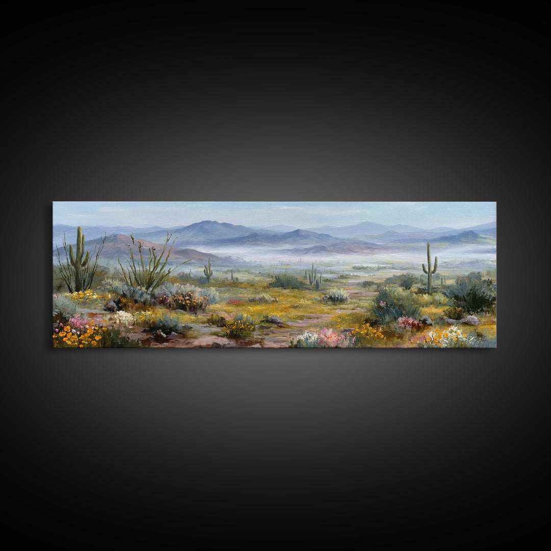 Desert Cactus Blooming After Rain Framed Canvas Print, Nature Art, Boho Decor, Living Room Decor, Oil Painting, Nature, NAT-3x1-60