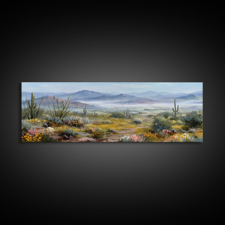 Desert Cactus Blooming After Rain Framed Canvas Print, Nature Art, Boho Decor, Living Room Decor, Oil Painting, Nature, NAT-3x1-60