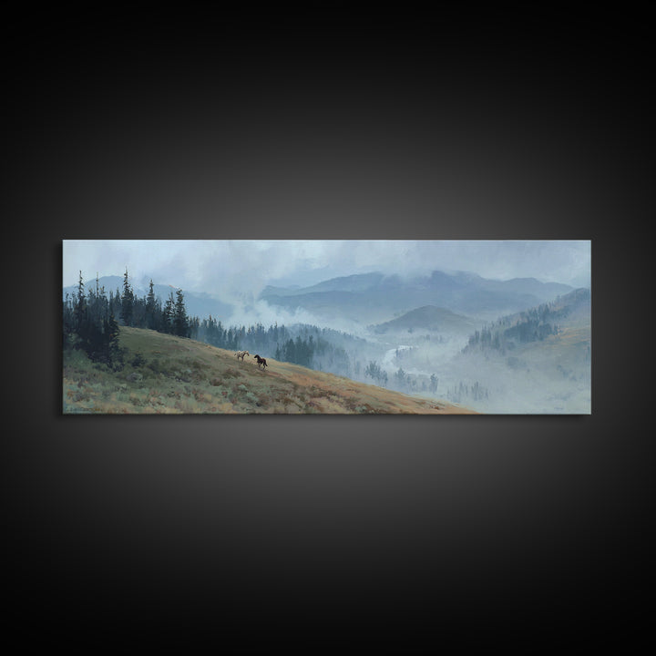 Wild Horses Running Near Mountain Ridge Canvas Print, Nature Art, Gallery Decor, Living Room Decor, Fine Art, Nature, NAT-3x1-62