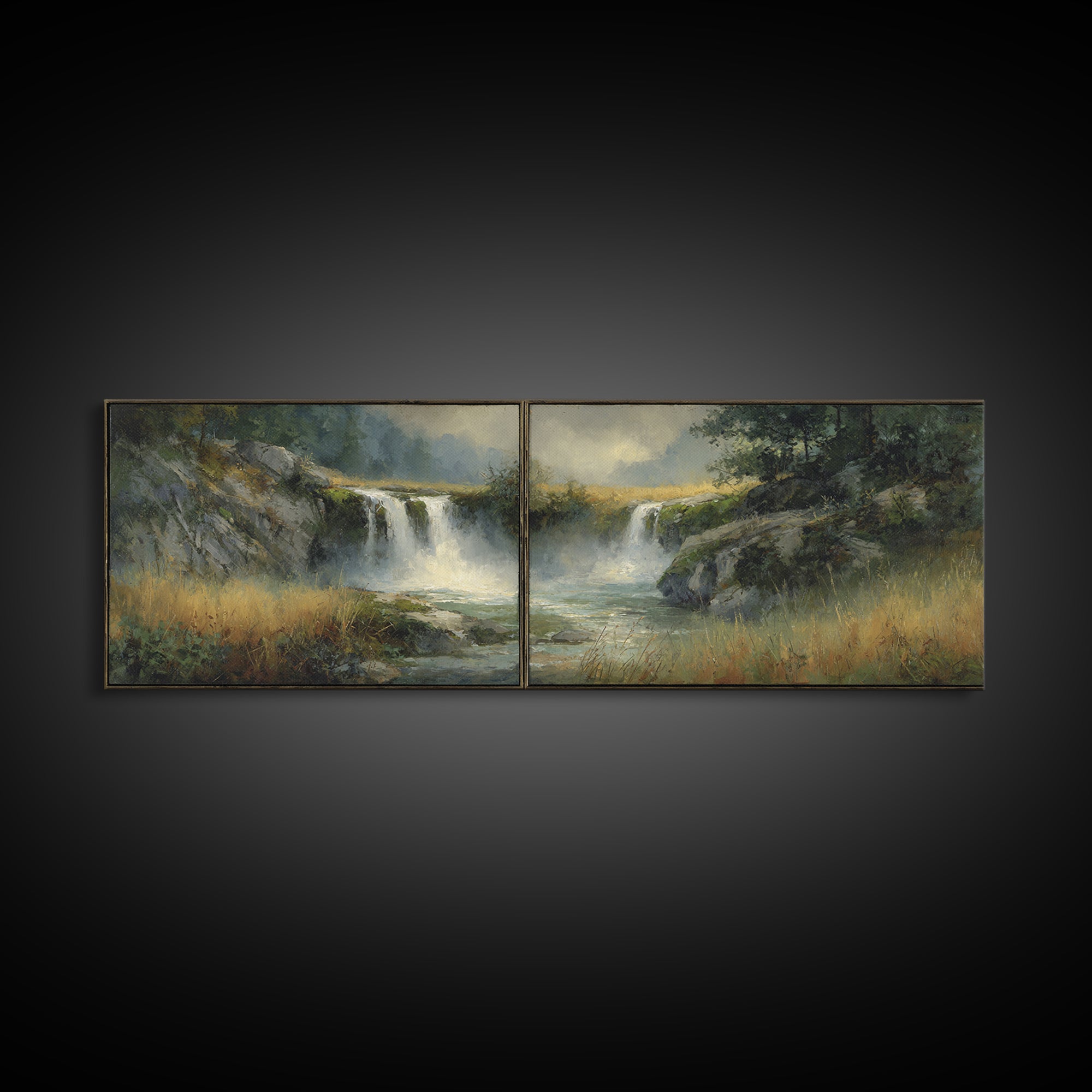 Waterfall Hidden Among Dark Green Rocks Framed Canvas Print, Nature Art, Wall Hangings, Living Room Decor, Abstract Art, Nature, NAT-3x1-67