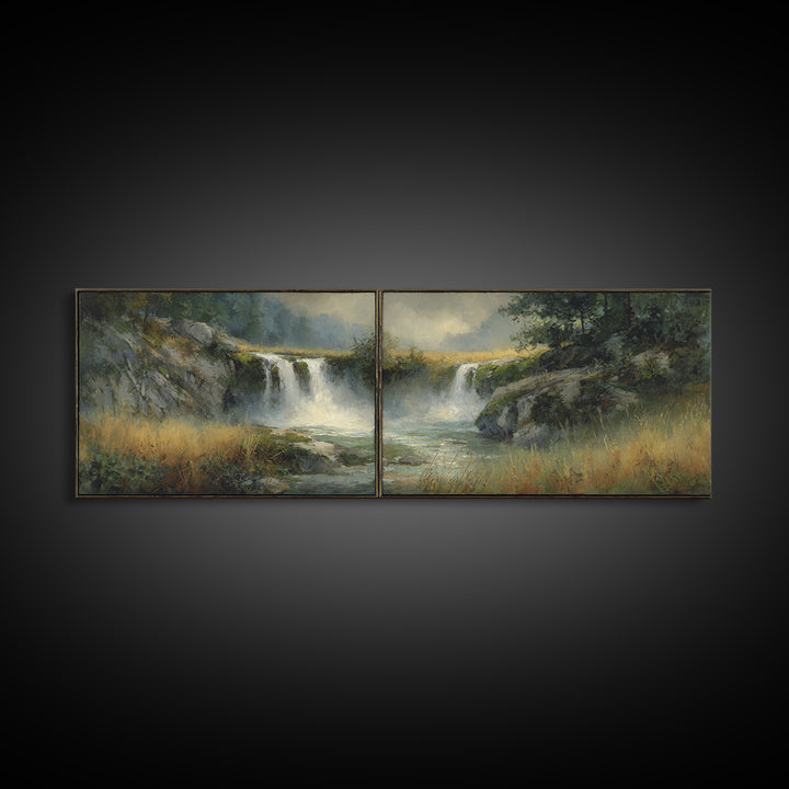 Waterfall Hidden Among Dark Green Rocks Framed Canvas Print, Nature Art, Wall Hangings, Living Room Decor, Abstract Art, Nature, NAT-3x1-67