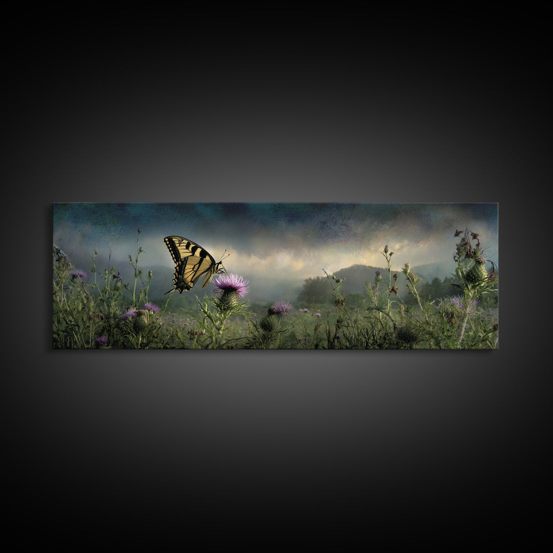 Butterfly Resting on a Blooming Thistle Framed Canvas Print, Nature Art, Living Room Decor, Watercolor Art, Nature, NAT-3x1-68