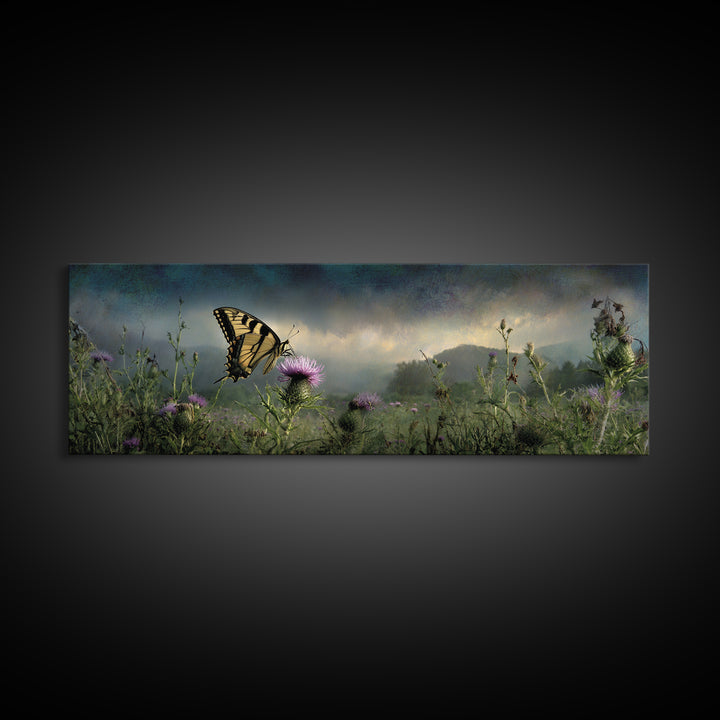 Butterfly Resting on a Blooming Thistle Framed Canvas Print, Nature Art, Living Room Decor, Watercolor Art, Nature, NAT-3x1-68