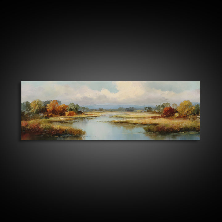 Autumn Leaves Floating on Quiet Stream Canvas Print, Nature Art, Art Print, Living Room Decor, Oil Painting, Nature, NAT-3x1-70