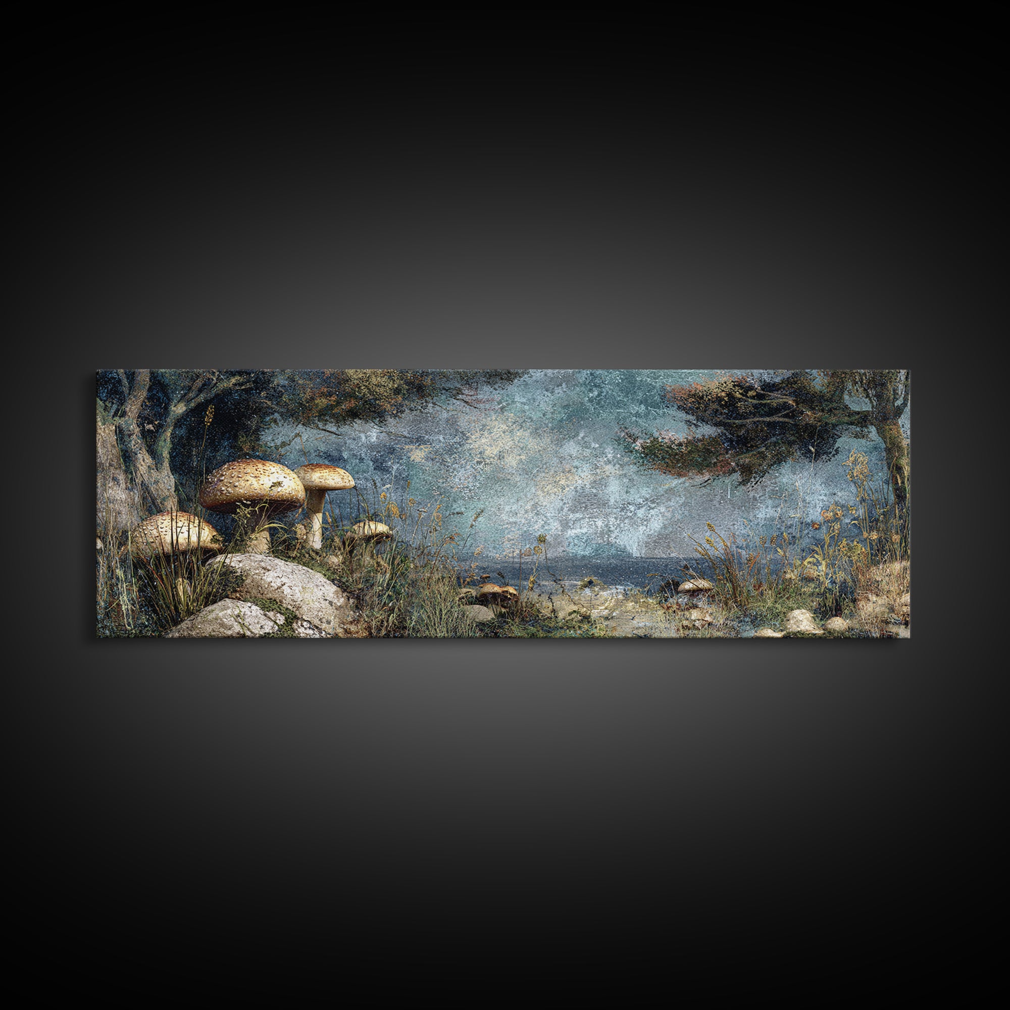 Mushroom Cluster in Enchanted Woodland Canvas Print, Nature Art, Original Painting, Living Room Decor, Fine Art, Nature, NAT-3x1-71