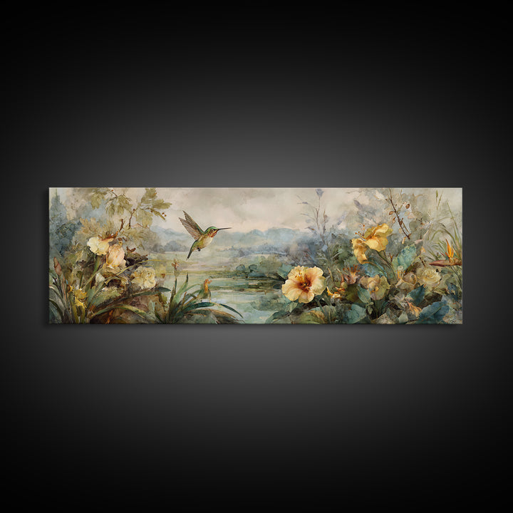 Hummingbird Beside Bright Trumpet Flowers Canvas Print, Nature Art, Home Decor, Living Room Decor, Oil Painting, Nature, NAT-3x1-76