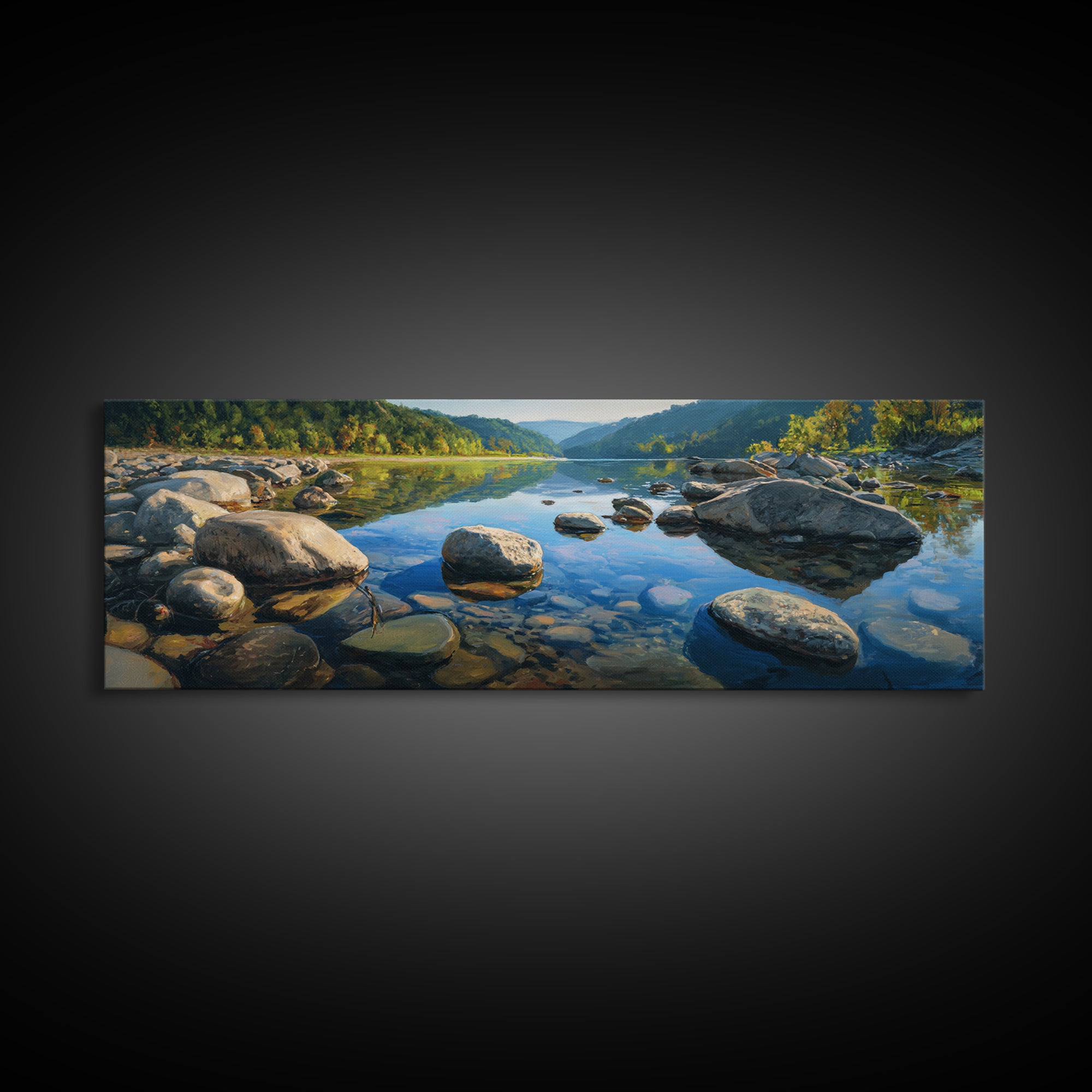 River Stones under Clear Shallow Water Framed Canvas Print, Nature Art, Stained Glass Art, Living Room Decor, Fine Art, Nature, NAT-3x1-77