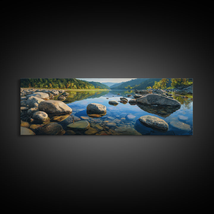 River Stones under Clear Shallow Water Framed Canvas Print, Nature Art, Stained Glass Art, Living Room Decor, Fine Art, Nature, NAT-3x1-77