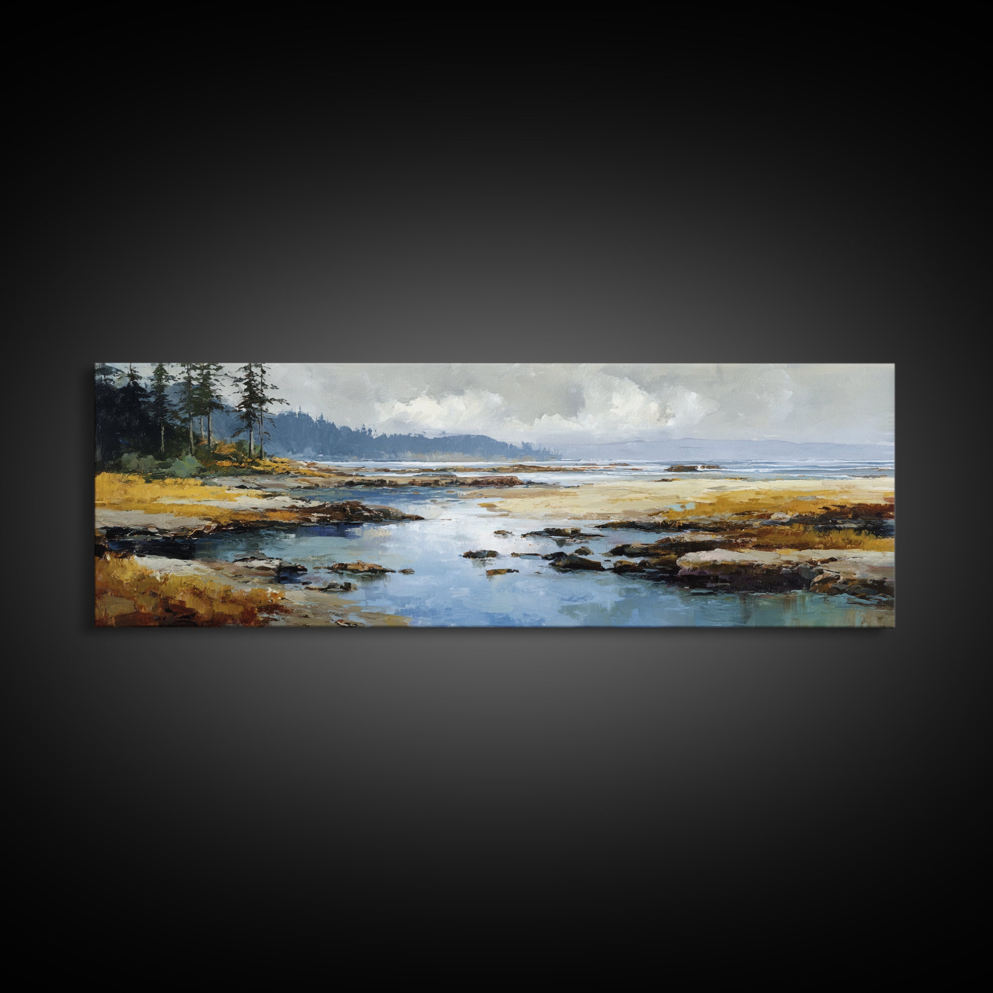 Calm Beach Tide Pooling Around Rocks Canvas Print, Nature Art, Minimalist Decor, Living Room Decor, Oil Painting, Nature, NAT-3x1-88
