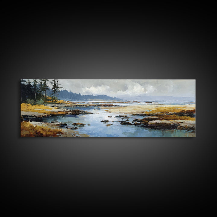 Calm Beach Tide Pooling Around Rocks Canvas Print, Nature Art, Minimalist Decor, Living Room Decor, Oil Painting, Nature, NAT-3x1-88
