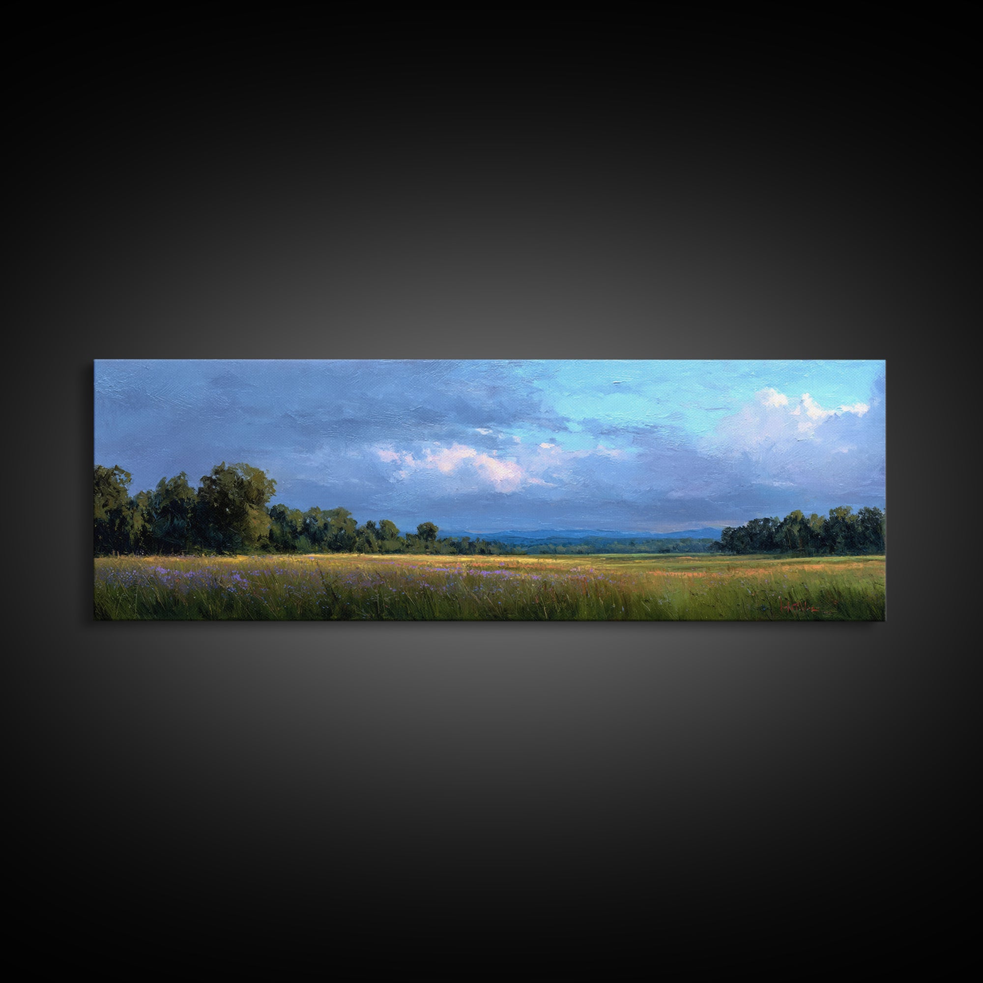 Wildflower Meadow under Soft Summer Sky Framed Canvas Print, Nature Art, Stained Glass Art, Living Room Decor, Fine Art, Nature, NAT-3x1-90