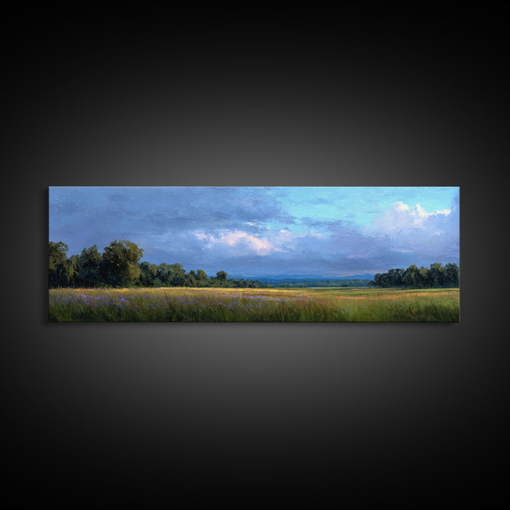 Wildflower Meadow under Soft Summer Sky Framed Canvas Print, Nature Art, Stained Glass Art, Living Room Decor, Fine Art, Nature, NAT-3x1-90