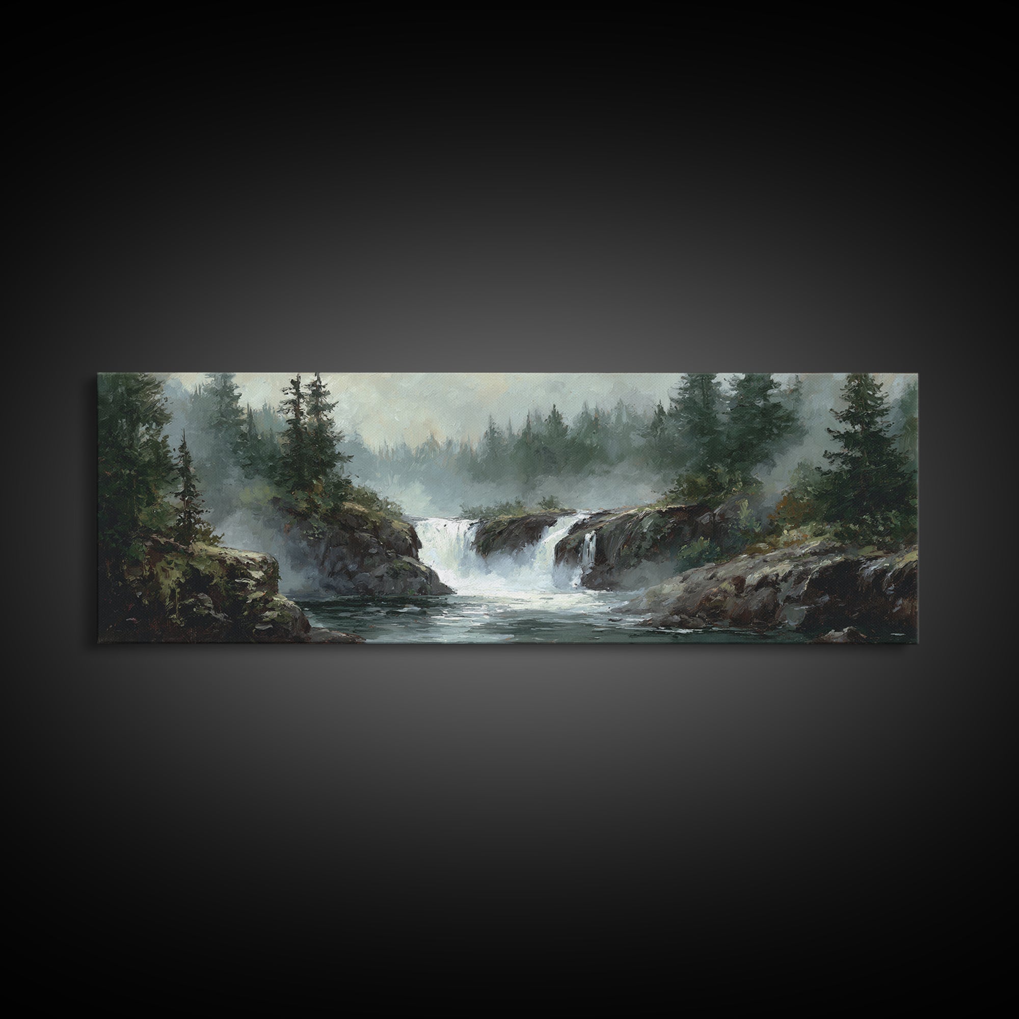 Waterfall Hidden Among Dark Green Rocks Canvas Print, Nature Art, Room Decor, Living Room Decor, Nature, Wall Hangings, NAT-3x1-91