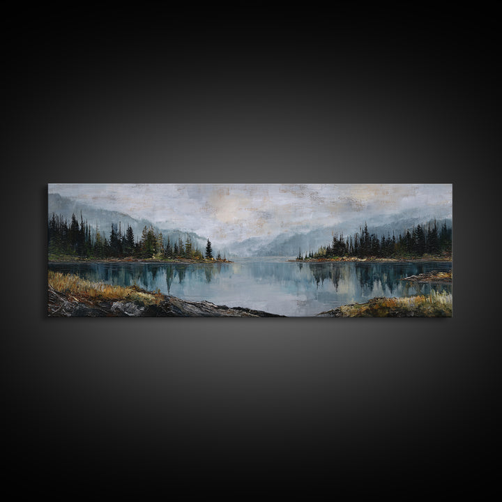 Misty Mountain Lake Canvas Print, Nature Art, Mountain Art, Living Room Decor, Oil Painting, Nature, Minimalist Decor, NAT-3x1-93