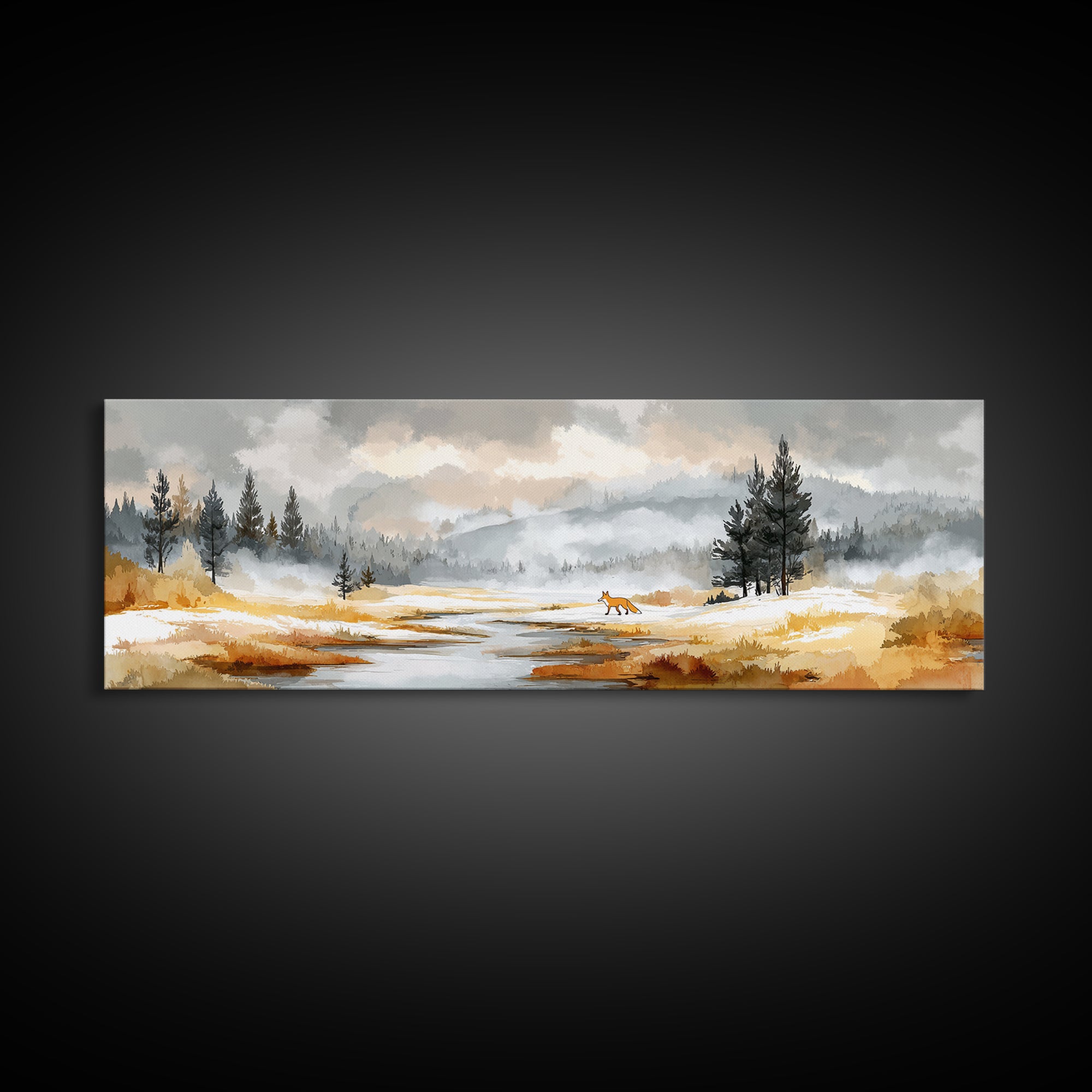 Fox Crossing a Snowy Forest Clearing Canvas Print, Nature Art, Moss Art, Living Room Decor, Oil Painting, Nature, NAT-3x1-98