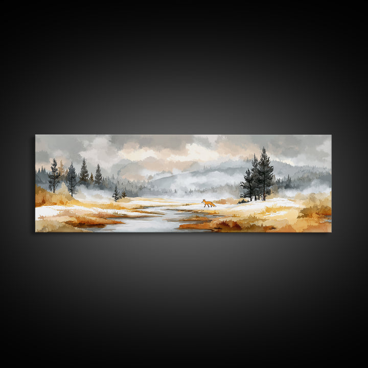 Fox Crossing a Snowy Forest Clearing Canvas Print, Nature Art, Moss Art, Living Room Decor, Oil Painting, Nature, NAT-3x1-98
