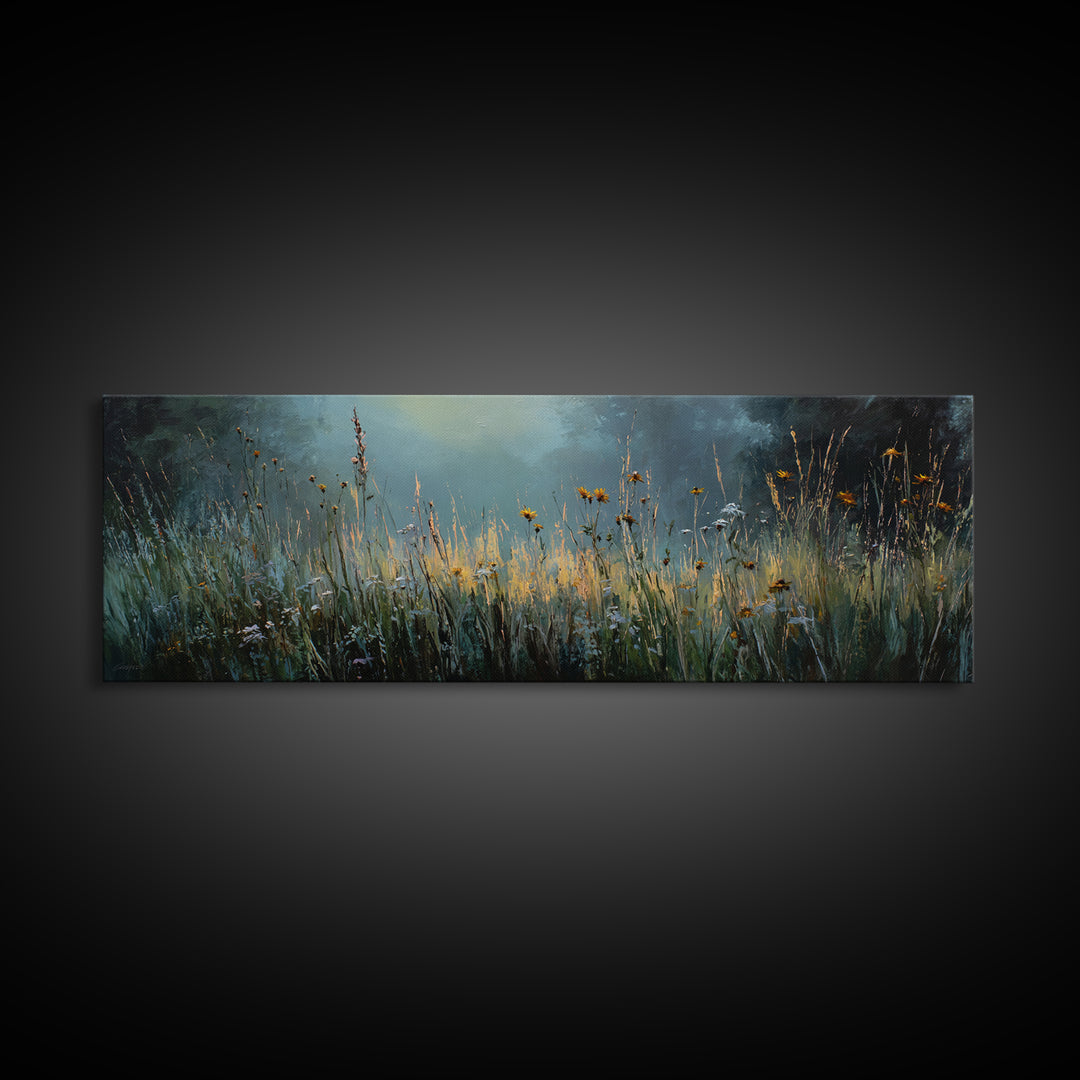 Sunrise Through Tall Grass and Wildflowers Framed Canvas Print, Nature Art, Living Room Decor, Oil Painting, Nature, NAT-3x1-99
