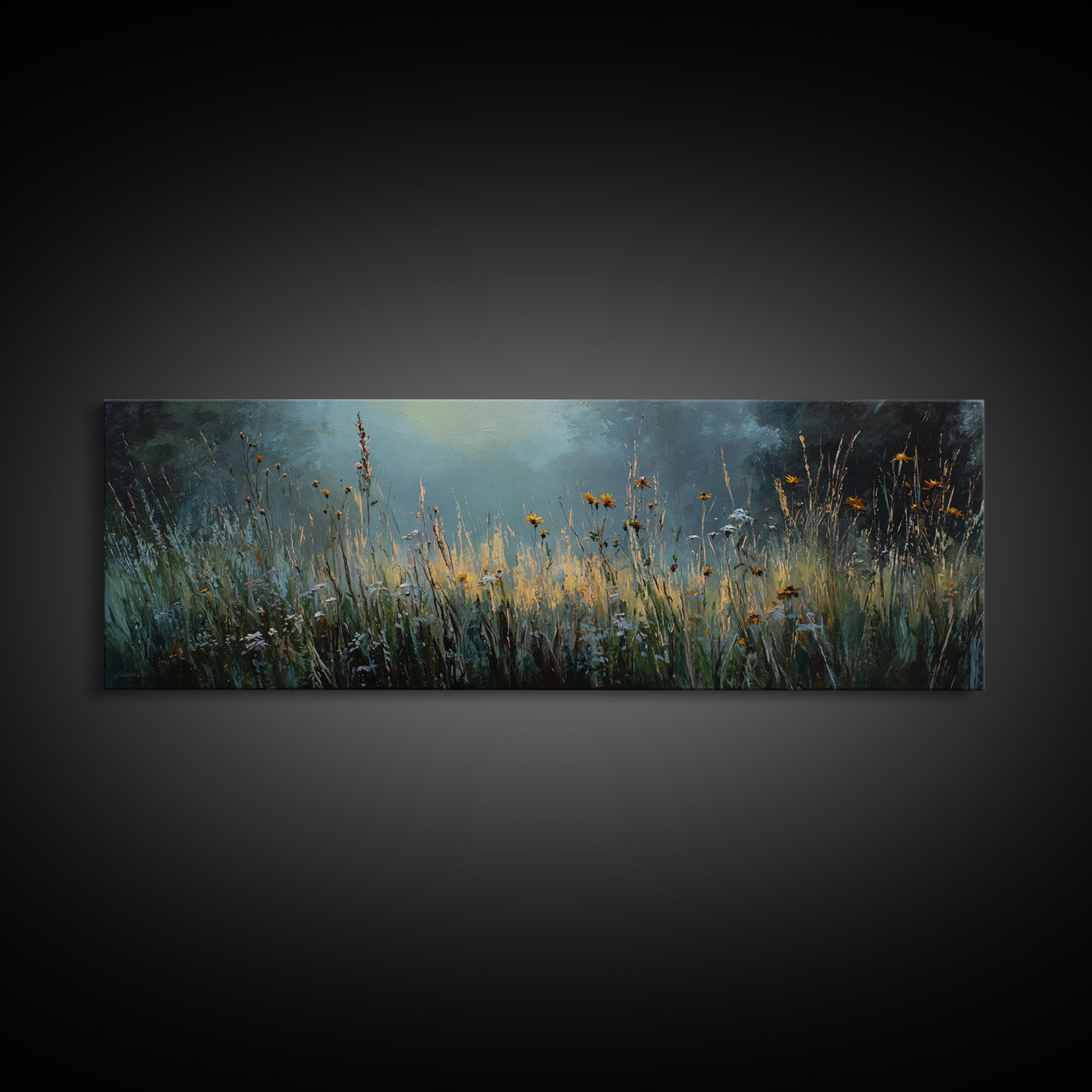 Sunrise Through Tall Grass and Wildflowers Framed Canvas Print, Nature Art, Living Room Decor, Oil Painting, Nature, NAT-3x1-99