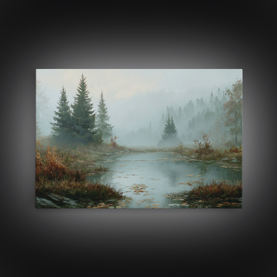 Autumn Leaves Floating on Quiet Stream Framed Canvas Print, Nature Art, Framed Art, Living Room Decor, Fine Art, Nature, NAT-3x2-10