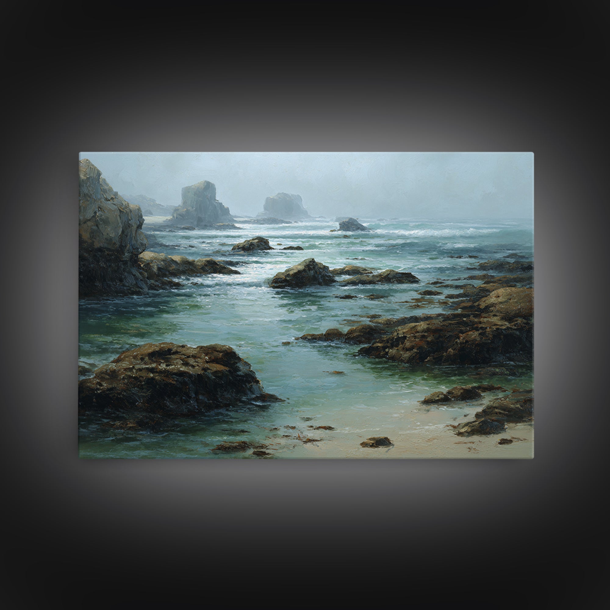 Calm Beach Tide Pooling Around Rocks Framed Canvas Print, Nature Art, Fine Art Print, Living Room Decor, Oil Painting, Nature, NAT-3x2-100