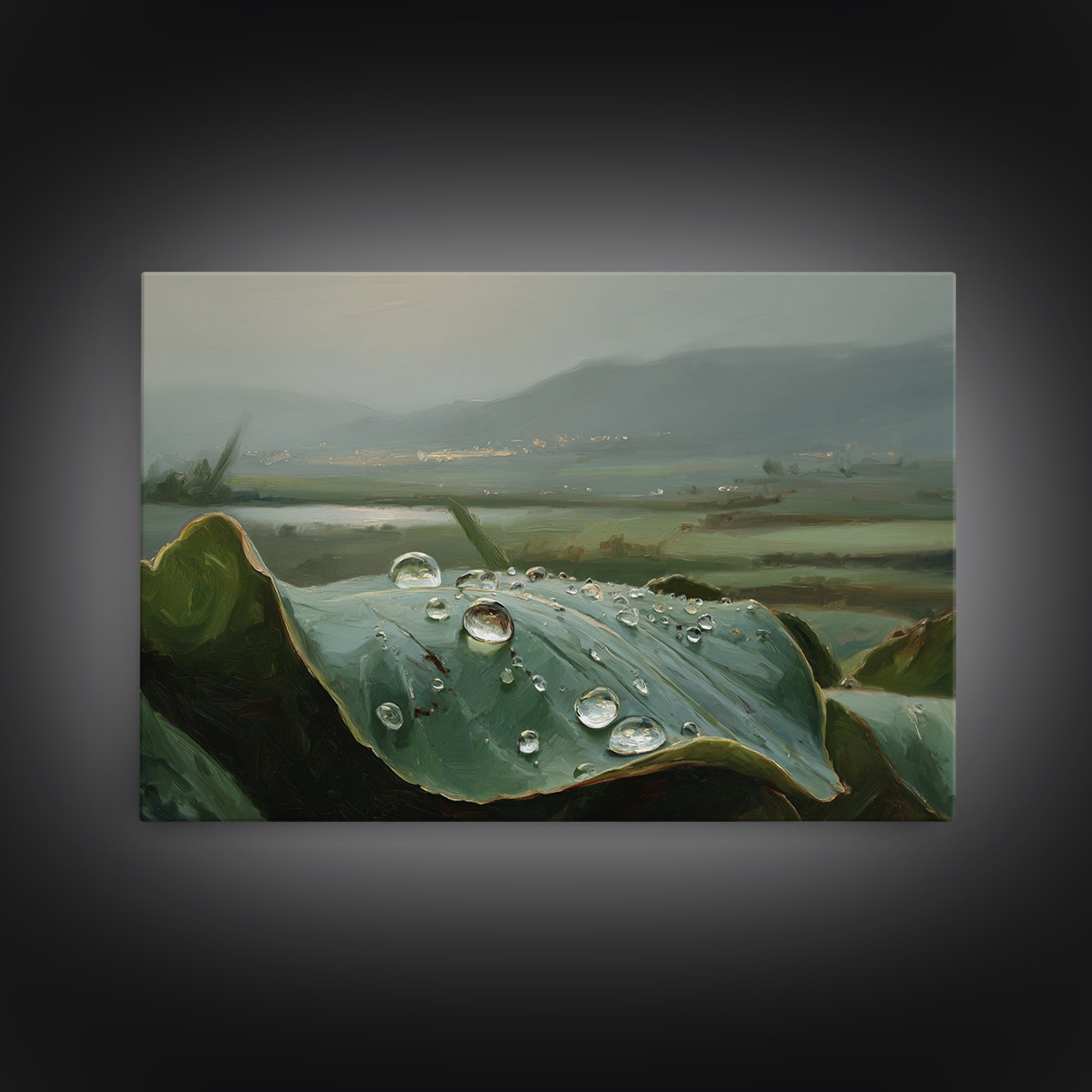 Rain Drops on a Large Green Leaf Framed Canvas Print, Nature Art, 3d Wall Art, Living Room Decor, Watercolor Art, Nature, NAT-3x2-13