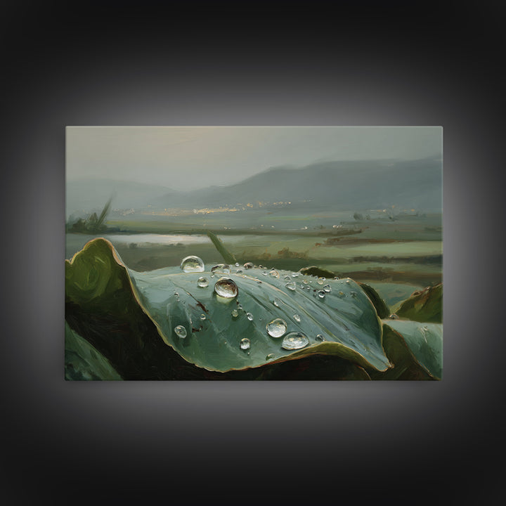 Rain Drops on a Large Green Leaf Framed Canvas Print, Nature Art, 3d Wall Art, Living Room Decor, Watercolor Art, Nature, NAT-3x2-13