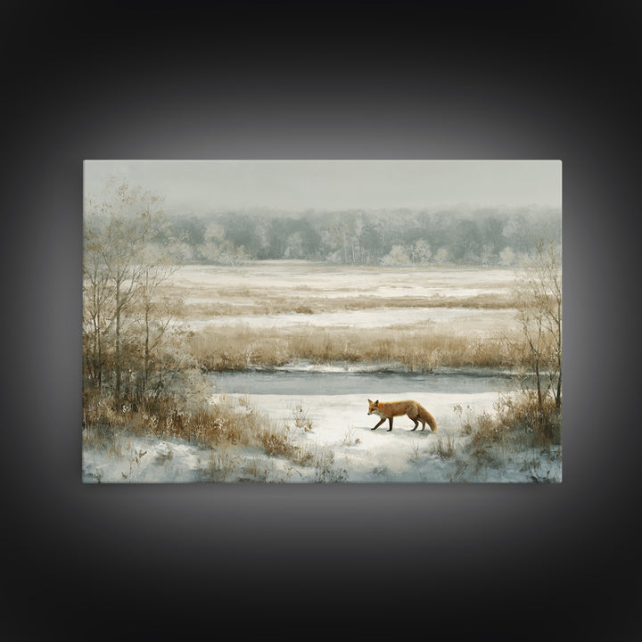 Fox Crossing a Snowy Forest Clearing Framed Canvas Print, Nature Art, Living Room Decor, Oil Painting, Nature, NAT-3x2-14