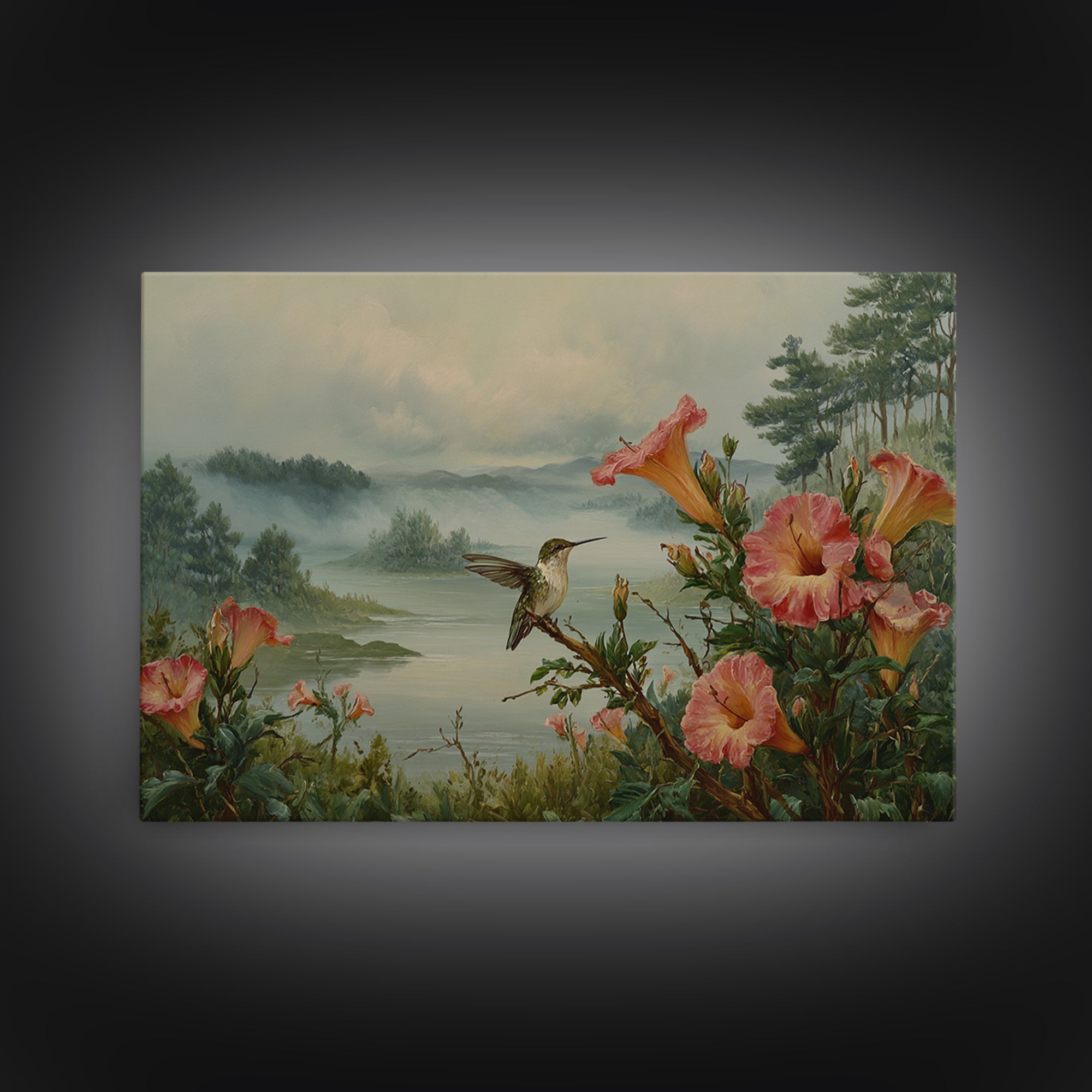 Hummingbird Beside Bright Trumpet Flowers Canvas Print, Nature Art, Living Room Decor, Watercolor Art, Nature, Ocean Art, NAT-3x2-16