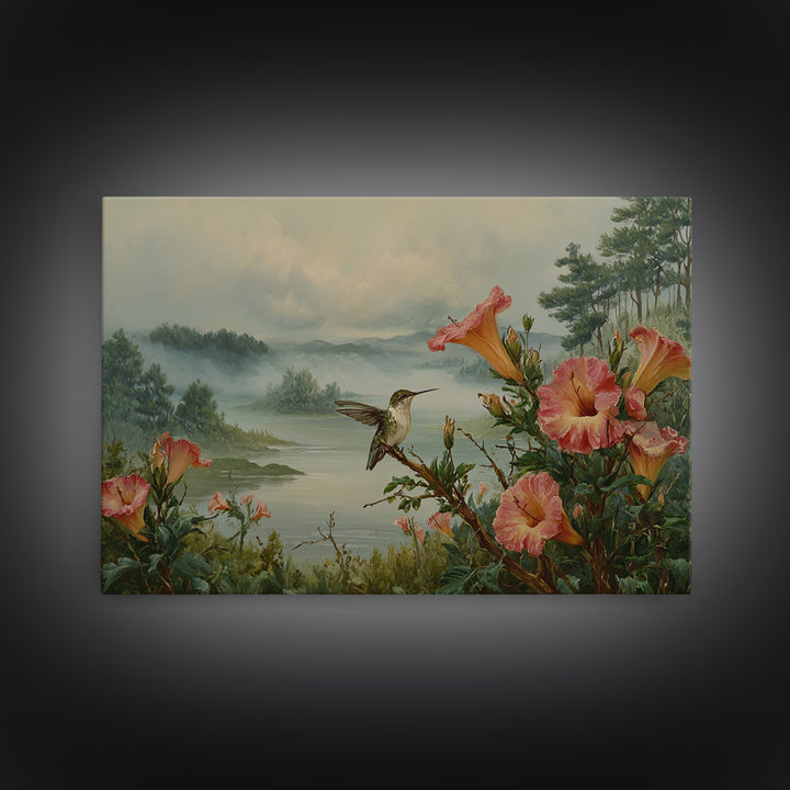 Hummingbird Beside Bright Trumpet Flowers Canvas Print, Nature Art, Living Room Decor, Watercolor Art, Nature, Ocean Art, NAT-3x2-16