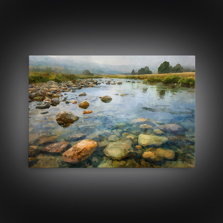 River Stones under Clear Shallow Water Canvas Print, Nature Art, Watercolor Painting, Living Room Decor, Fine Art, Nature, NAT-3x2-17