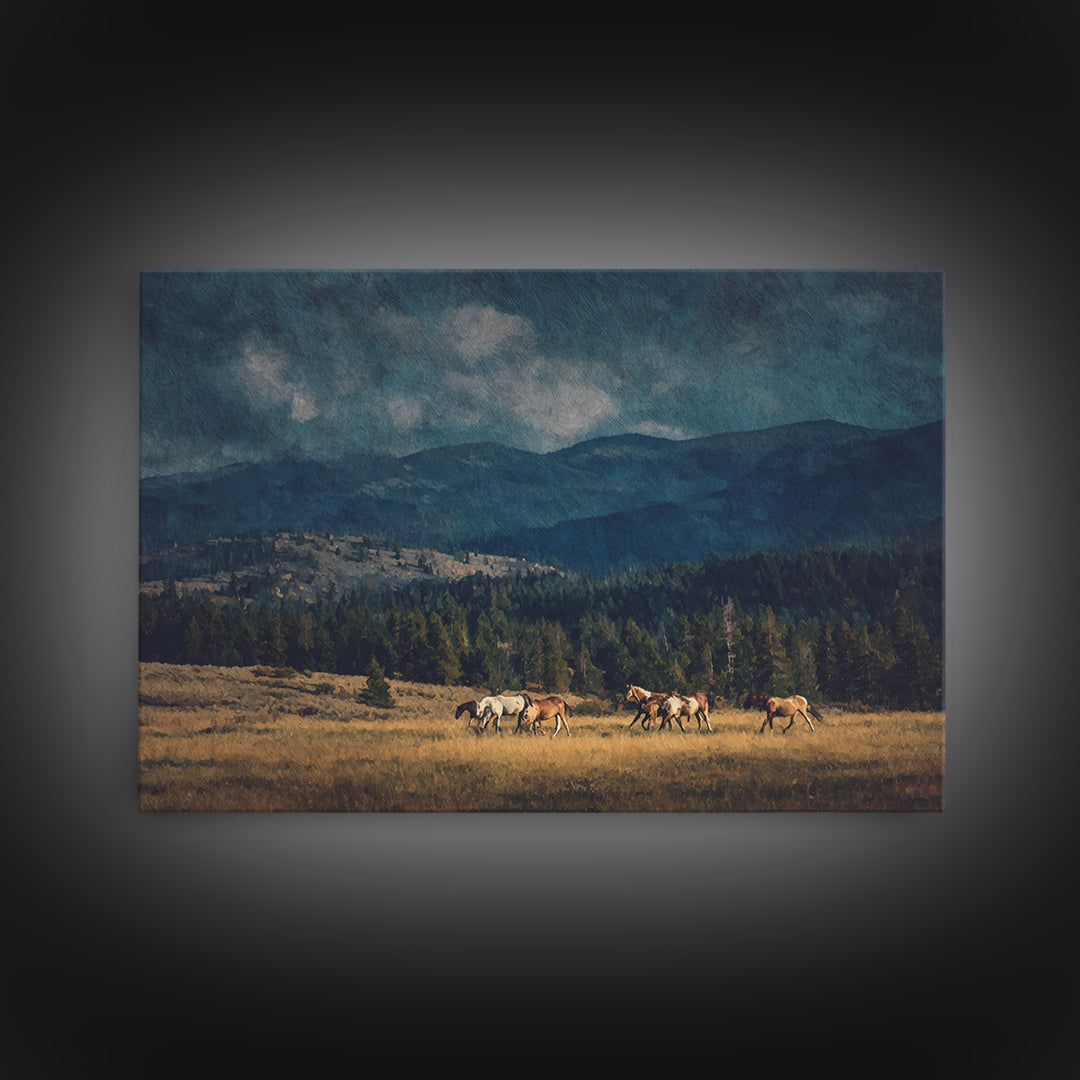 Wild Horses Running Near Mountain Ridge Framed Canvas Print, Nature Art, Wall Decor, Living Room Decor, Fine Art, Nature, NAT-3x2-2