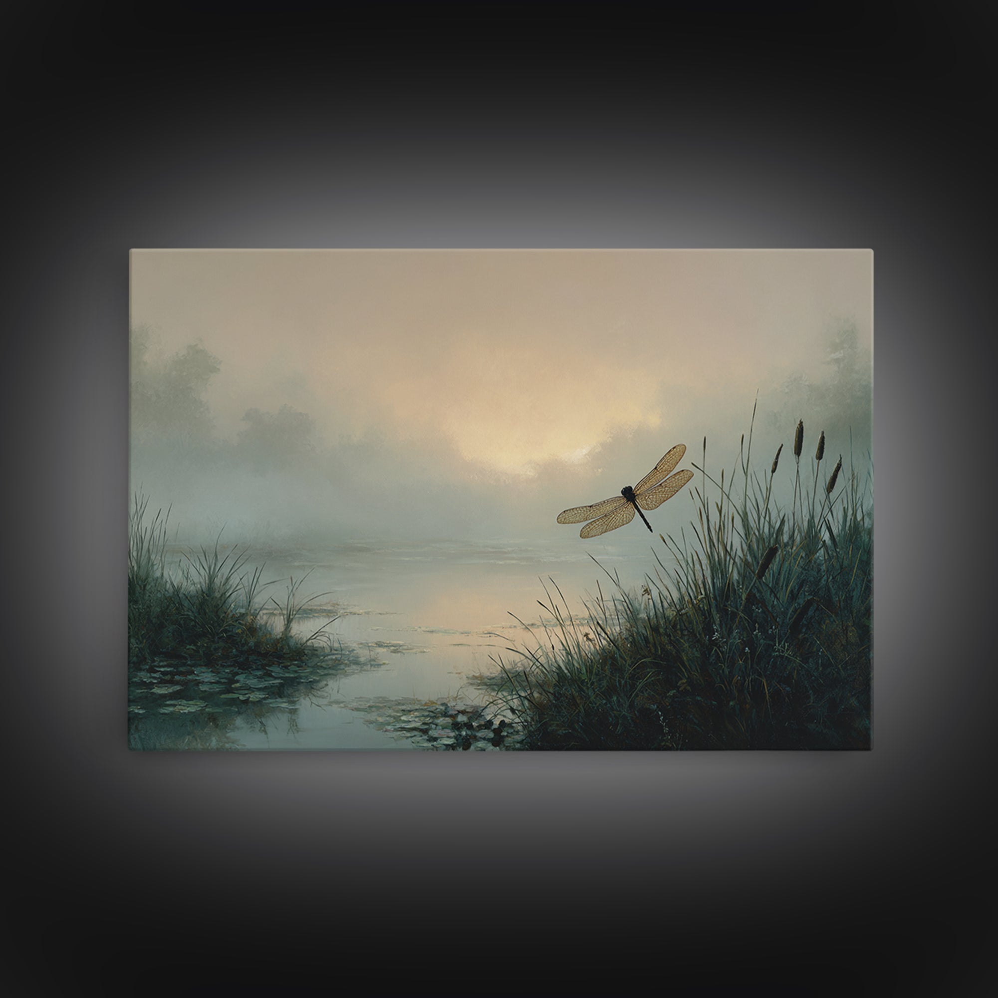 Dragonfly over a Pond with Reeds Canvas Print, Nature Art, Original Painting, Living Room Decor, Oil Painting, Nature, NAT-3x2-22